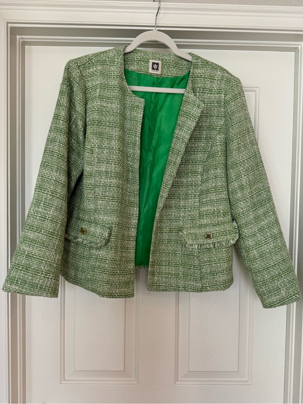 Anne Klein Green Tweed Open Collar Blazer with Gold Accents